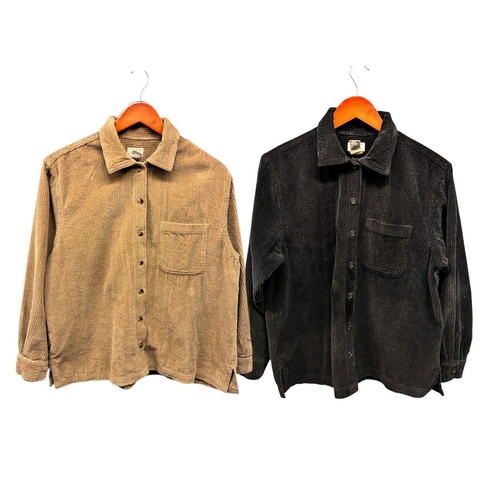 LL Bean Corduroy Button Down Shirt Jacket Womens M Tan Black Shacket Lot of 2